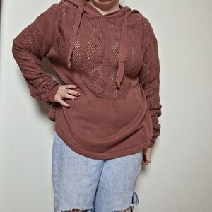 Umgee Pullover Open Knit Hoodie in Rust Red